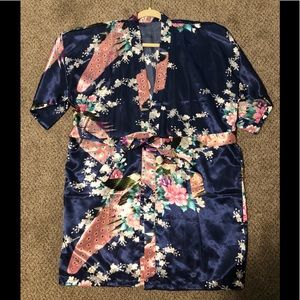 Navy Blue Kimono with Florals and Peacock Pattern